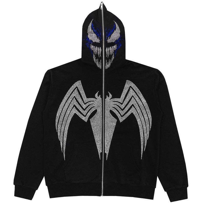 Gothic Punk Rock Hooded Sweatshirt With Spider Eye Rhinestone Embellishment Loose Fit Unisex Winter