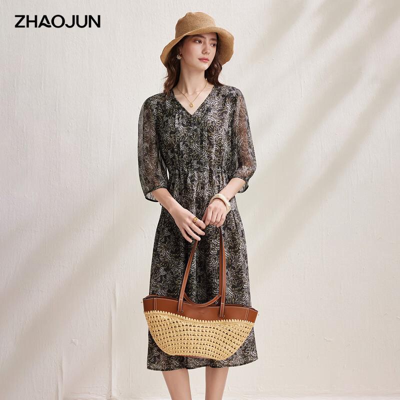 Zhaojun Women s Mulberry Silk Floral Print V-Neck Midi Dress L