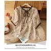Literary Retro Fungus Collar Lace-up Printed Shirt Fashionable Round Neck Short-sleeved Pullover Comfortable Pullover Top