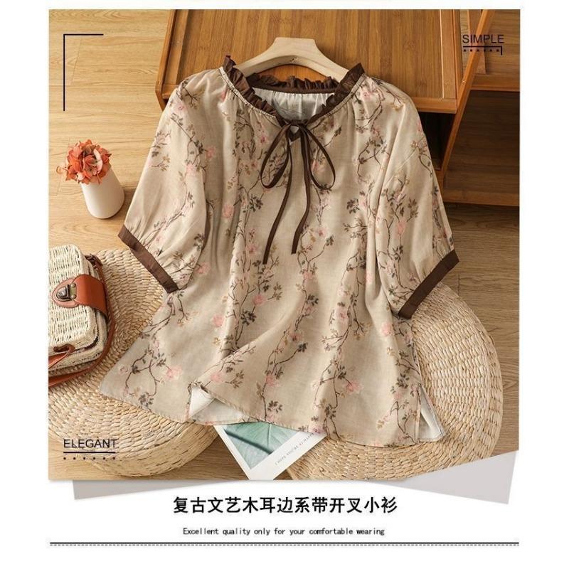 Literary Retro Fungus Collar Lace-up Printed Shirt Fashionable Round Neck Short-sleeved Pullover Comfortable Pullover Top