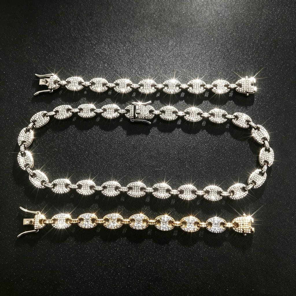 Rhinestone Coffee Bean Cuban Thick Chain Hip Hop Necklace Alloy Craft Minimalist Element Unisex Street Shooting Fashion Jewelry