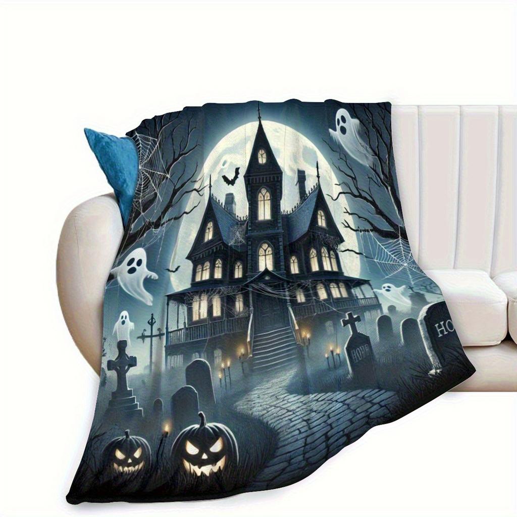 Gothic Haunted House Spooky Halloween Print Flannel Throw Blanket Soft Warm Bed Sofa Cover,Decorative Holiday Home Decor Gift for Bedroom Party