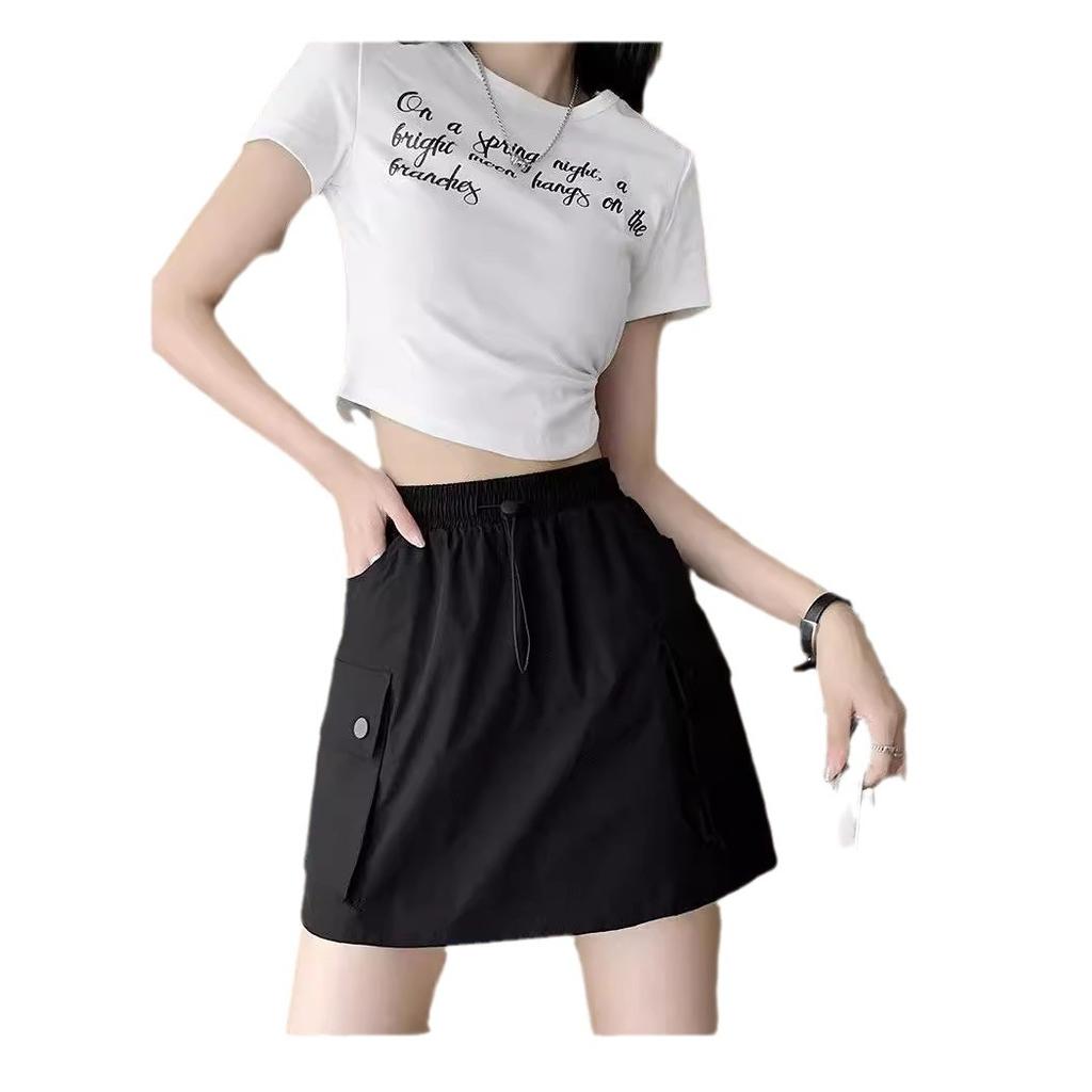 Street Hot Girl Drawstring Elastic Waist Work Skirt Retro Summer Slim College Style Hip-pack Skirt