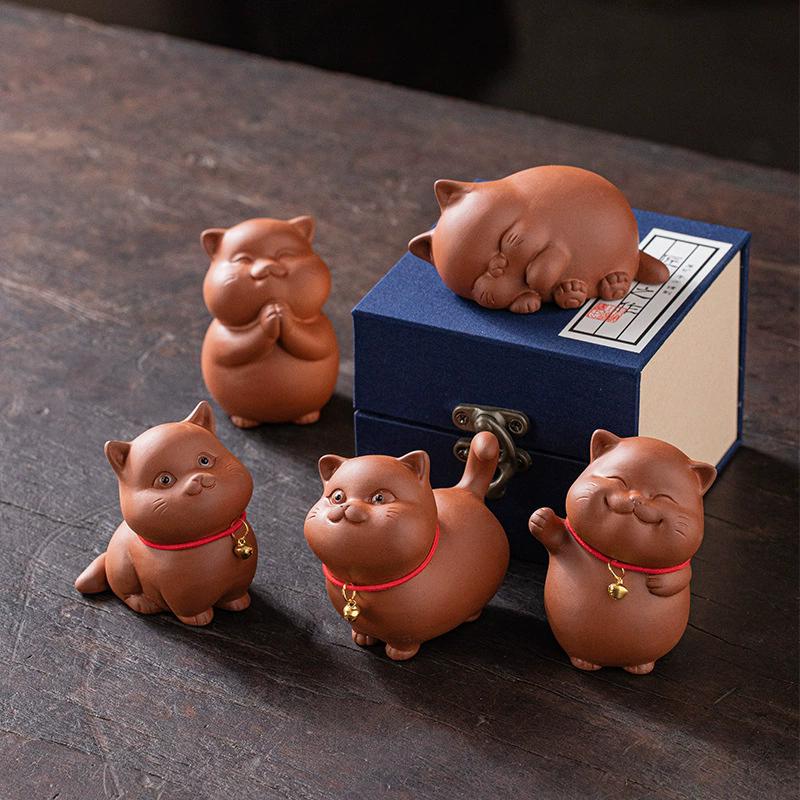 Lucky Bell Cat Tea Pet - Handmade Purple Sand Kitten Statue, Cute Office & Home Decoration, Chinese Style Gift