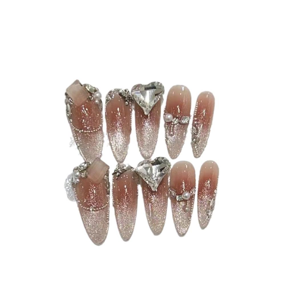 Wearing Armor Pure Handmade Fake Nails Finished Elf Princess Blush Cat Eye Blind Love Diamond Long Nail Art Patch