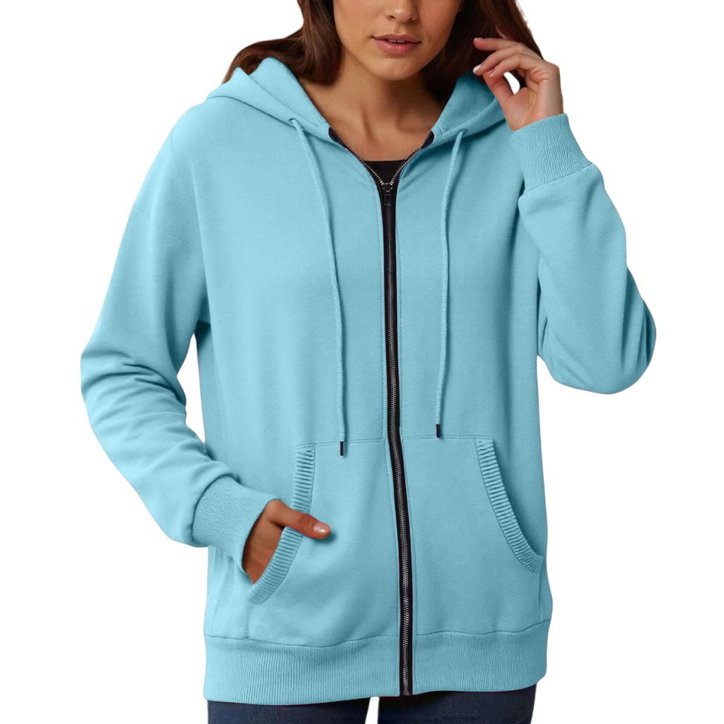 Women's Loose And Comfortable Zipper V-neck Long Sleeved Solid Color Pullover Sweatshirt Jacket