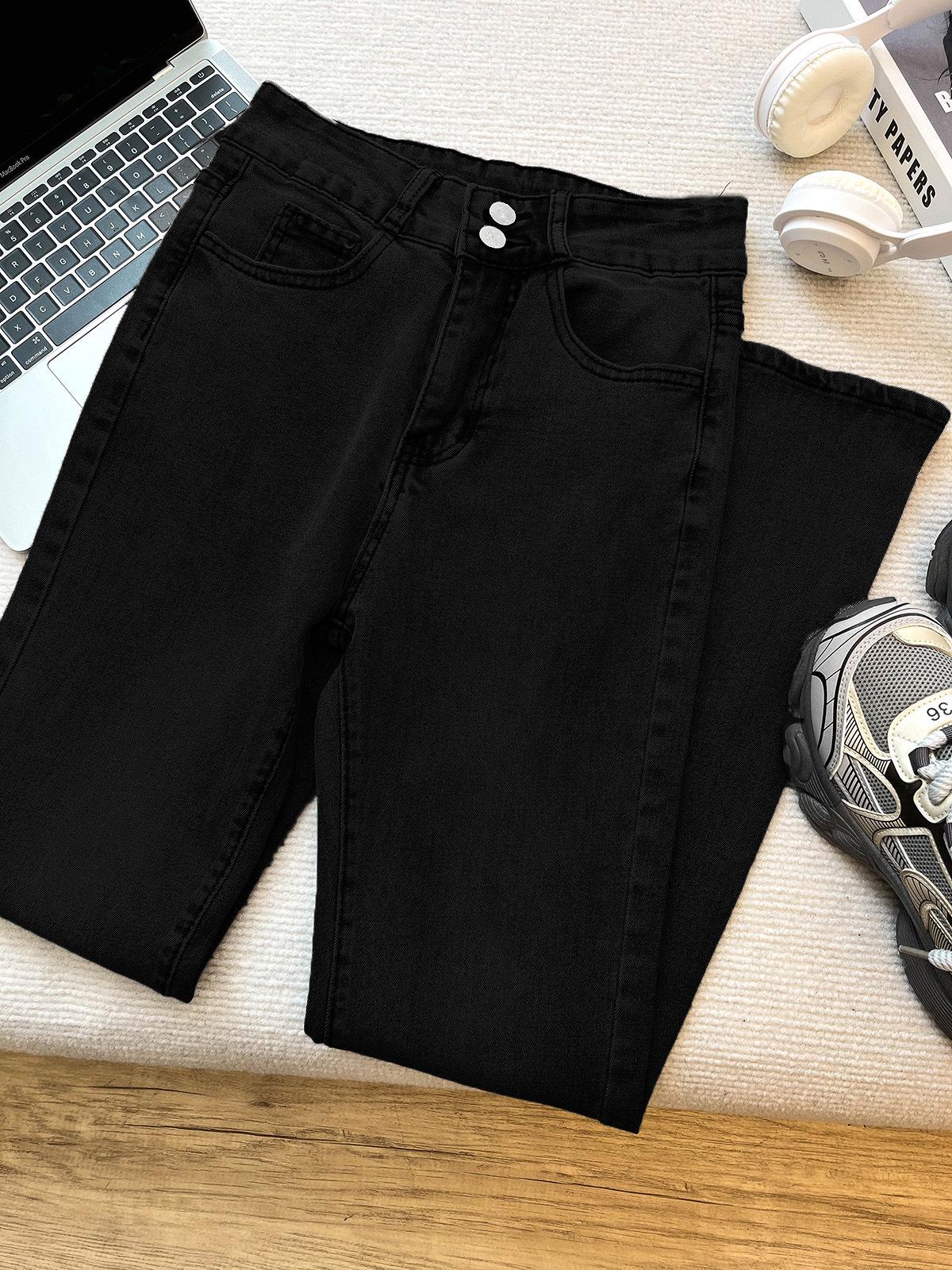 2024 Women s High-Waisted Micro-Flare Jeans: Slim Fit, Elastic, Floor-Length Pants XL