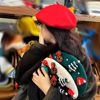 1 Stück Weihnachten Rote Baskenmütze Modische Multifunktionale Fotografenhut Dreidimensionaler Weihnachtsbaum Verziert Feiertagshut