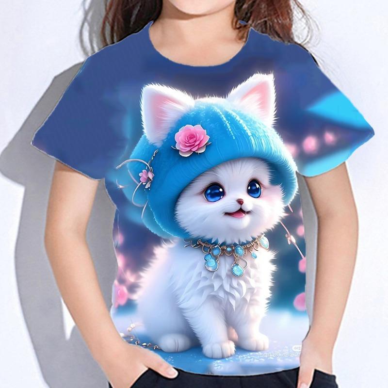 Abbigliamento per Bambini Ragazza T-shirt Manica Corta Stampa Gatto Cartone Animato 3D Vestiti Estivi per Bambini Moda Carina Abbigliamento per Ragazze Top in Poliestere