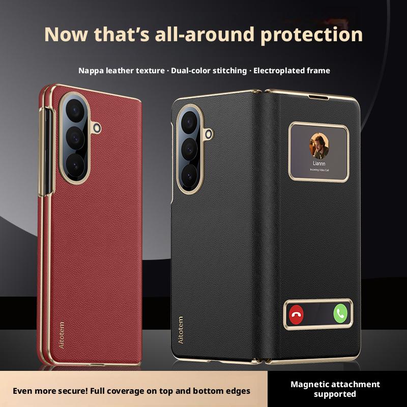 For Samsung Galaxy Z Fold 7 Nappa Leather Case Full-coverage Dual Hinge Camera Lens Protection Bulit-in Magnet Smart View Cover