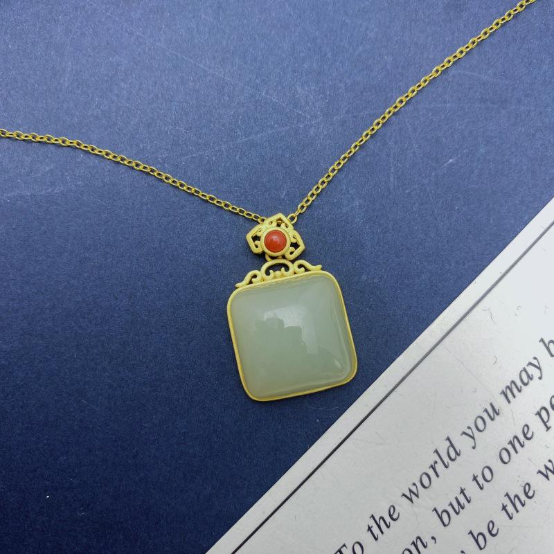 Chinese Ethnic Style S925 Sterling Silver Gold-Plated Hetian Jade Cloud Pendant Necklace