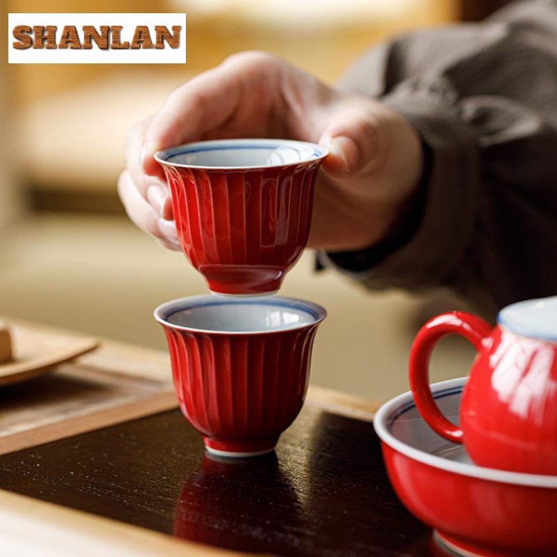 2 Stück/Los Rote Glasur Handbemalt Doppellinien-Teetasse Zen-Teeschale Kanne Teeverkostung Duftbecher Chazhan Meistertassen Teegeschirr 50ml