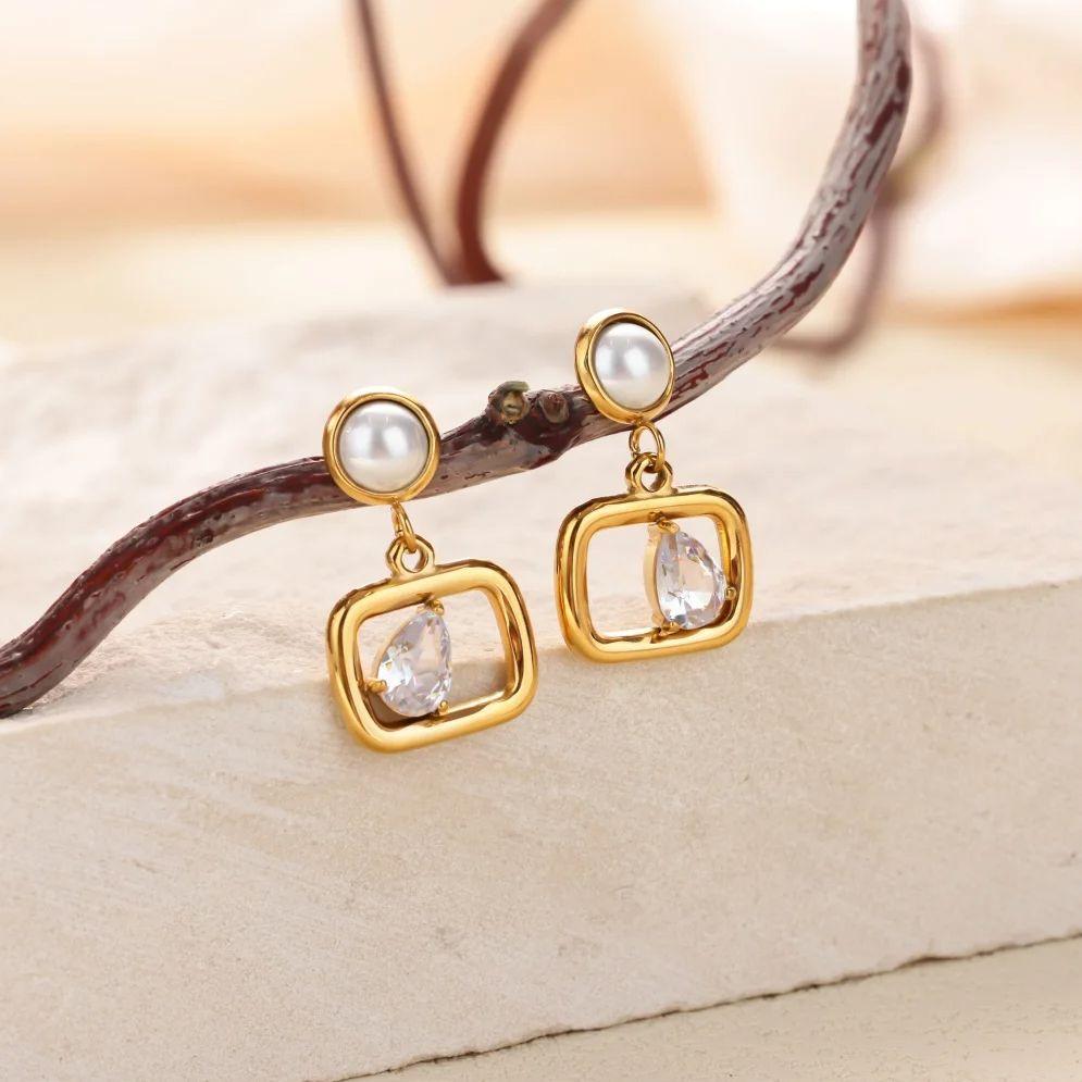 Stainless Steel Geometric Artificial Pearl Earrings 18K Gold-plated Anti Fading Earring for Women Vacation Wedding Jewelry Gifts