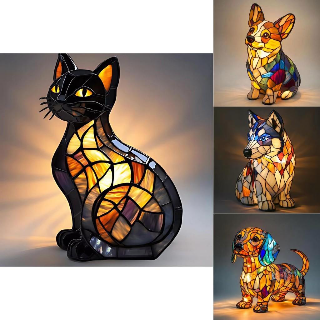 Gatto Cane Figurine in Resina Lampada LED con Interruttore di Alimentazione USB per Decorazione Soggiorno