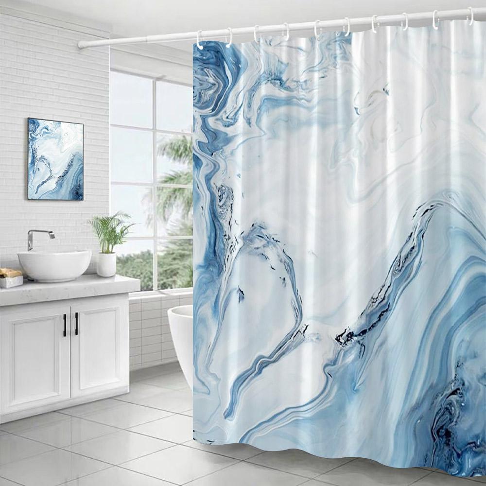 Abstract Blue Marble Shower Curtains Ink Art Textured Pattern Modern Polyester Fabric Home Bathroom Curtain Decor Set With Hooks