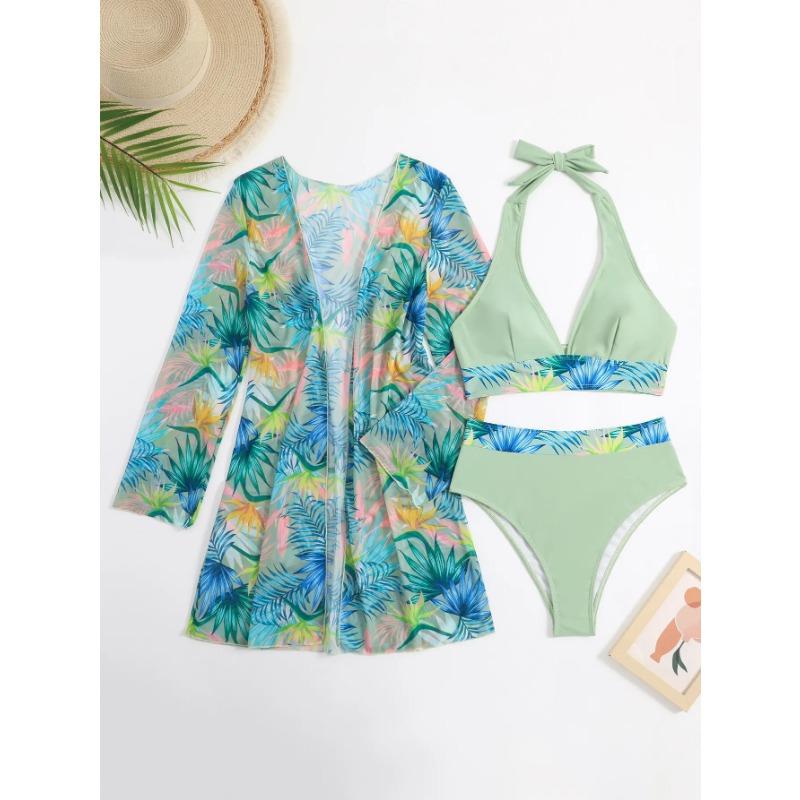 Neckholder Print Bikini Sets 3PCS Damen Badeanzug Mit Kimono Hohe Taille Bademode Weibliche Badegäste Baden Schwimmen Badeanzug Strandbekleidung