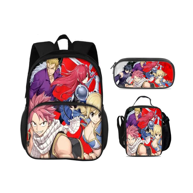 FAIRY TAIL Round Front Bag Backpack Pen Bag Ice Bag 3Pcs Set Cartoon Anime Printed Student Boys and Girls New Versatile