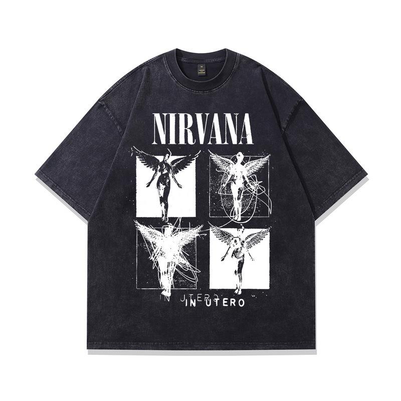 European And American High Street Washed Half-Sleeved T-Shirt Vintage Nirvana Band Printed Vintage Short-Sleeved T-Shirt Men