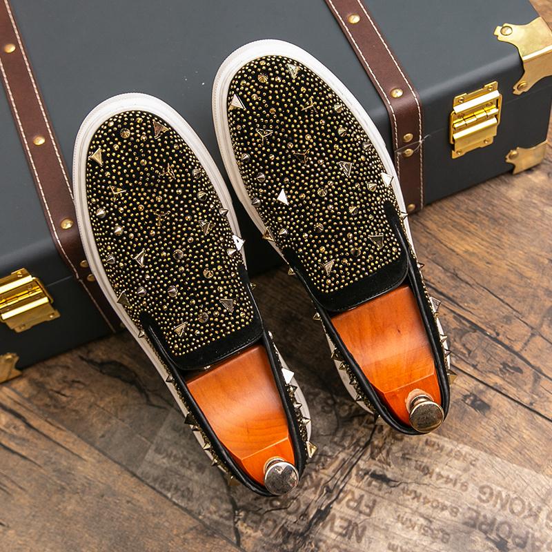 Fashion 2025 Men Tide Leather Casual Shoes Luxury Embroidery Twinkling Rhinestone Flat Shoes Leisure Sneakers Loafers Zapatillas Male