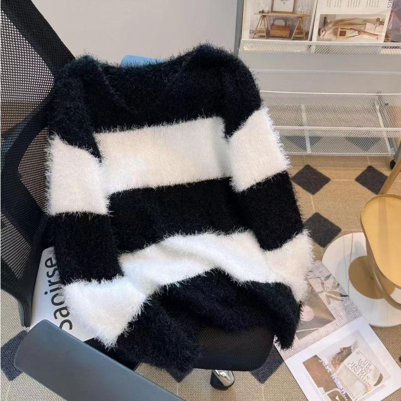 

Премиальный свитер-топ в ленивом стиле, универсальный, с контрастным полосатым дизайном, из специальной пряжи, с длинным рукавом L