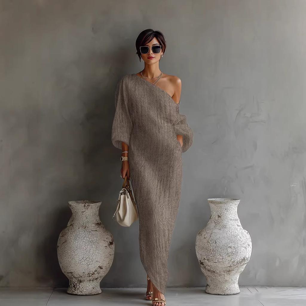Europe, America spring and summer new fashion high-end women's clothing long-sleeved off-the-shoulder long dress mid-waist pullover dress