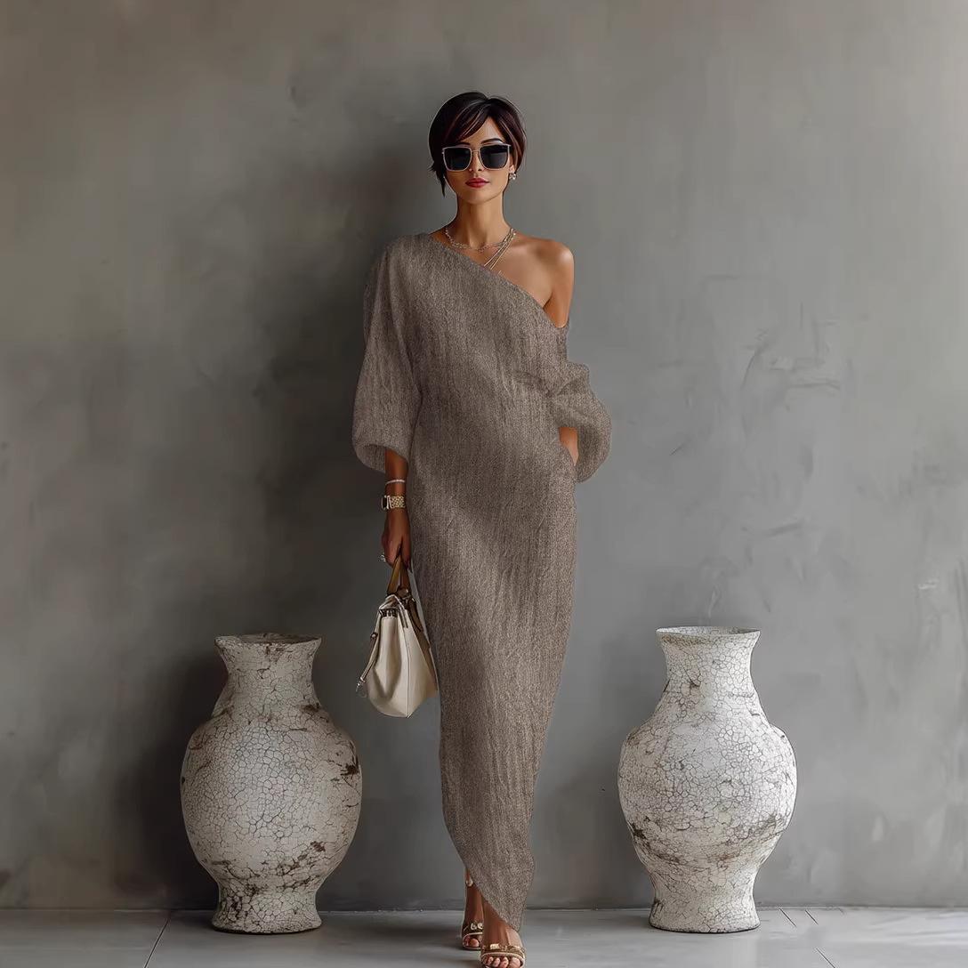 

Europe, America spring and summer new fashion high-end women s clothing long-sleeved off-the-shoulder long dress mid-waist pullover dress XXXL хакі