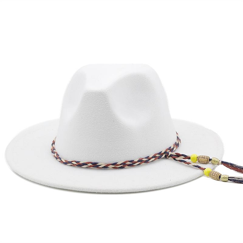 European and American women's new colorful rope jazz hat, big brim fashion flat hat, autumn and winter British style men's woolen top hat tide