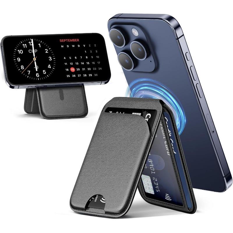 1Pc Magnetic multi-function phone holder and card holder, ultra-thin leather imitation leather design, compatible with 6.1 to 6.7 inch