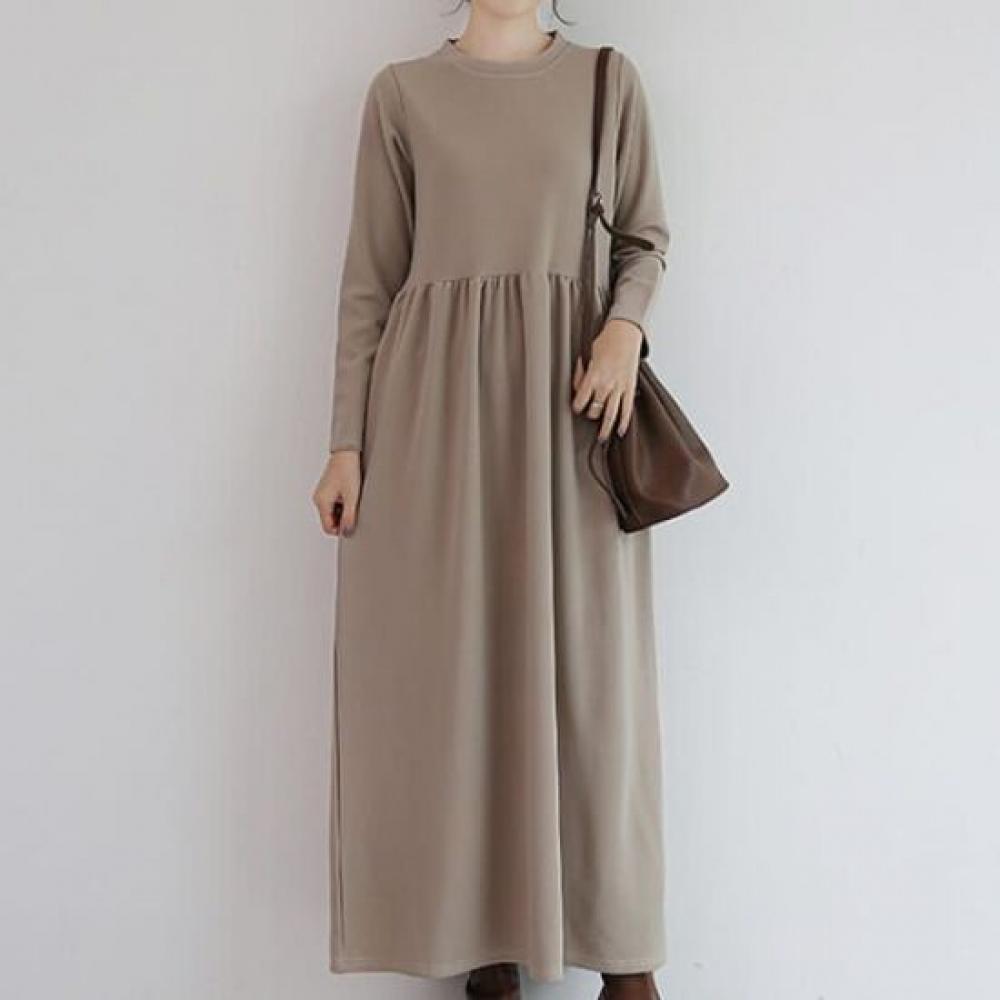 Navava Women Shirred Loose Fit Round Neck Long Sleeve Long Dress No962