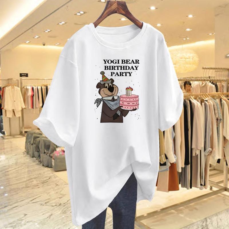 

White cotton short-sleeved t-shirt women s summer new medium and long cartoon printed loose new top bottoming shirt S