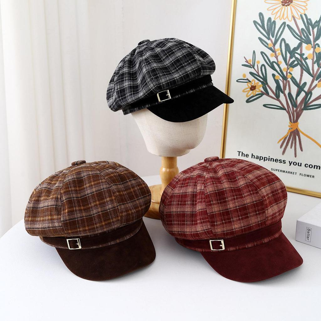 Damen Schiebermütze im koreanischen Stil mit Karomuster - Trendig und vielseitig für Herbst/Winter