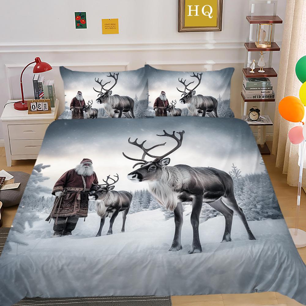 Christmas Carriage Snow Scene 3D Printed Polyester Pillowcase Quilt Cover Two Or Three-Piece Set Can Be
