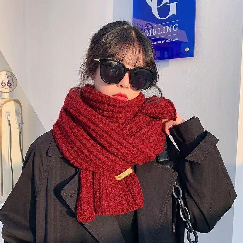 Korean-Style Red Wool Knit Scarf - Versatile Winter Neck Warmer for Women & Couples