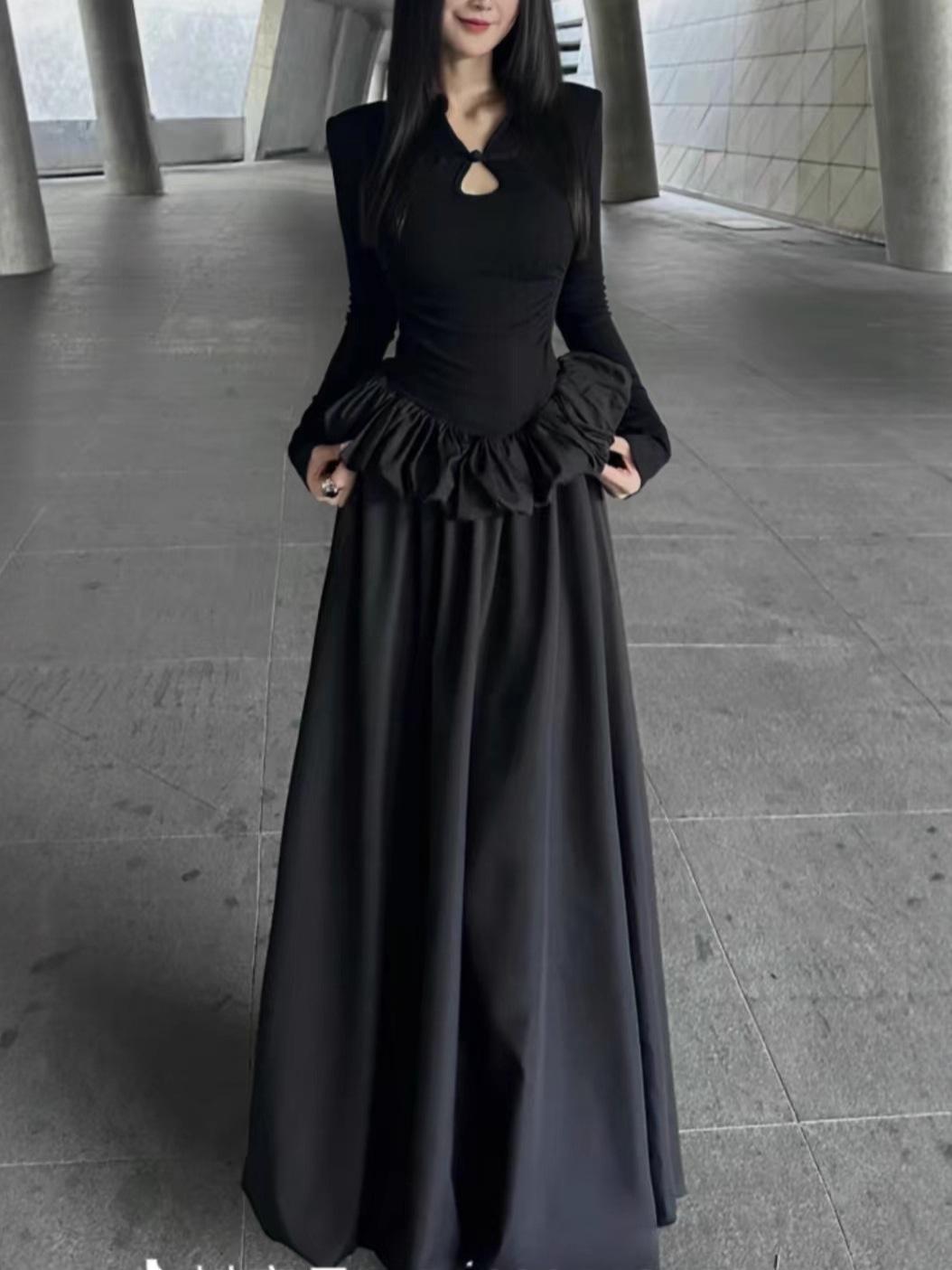 

Минималистичный комплект в новокитайском стиле, черный, с длинным рукавом, имитация двойки, с застежкой-пуговицей-лягушкой и пышной юбкой Large чёрный