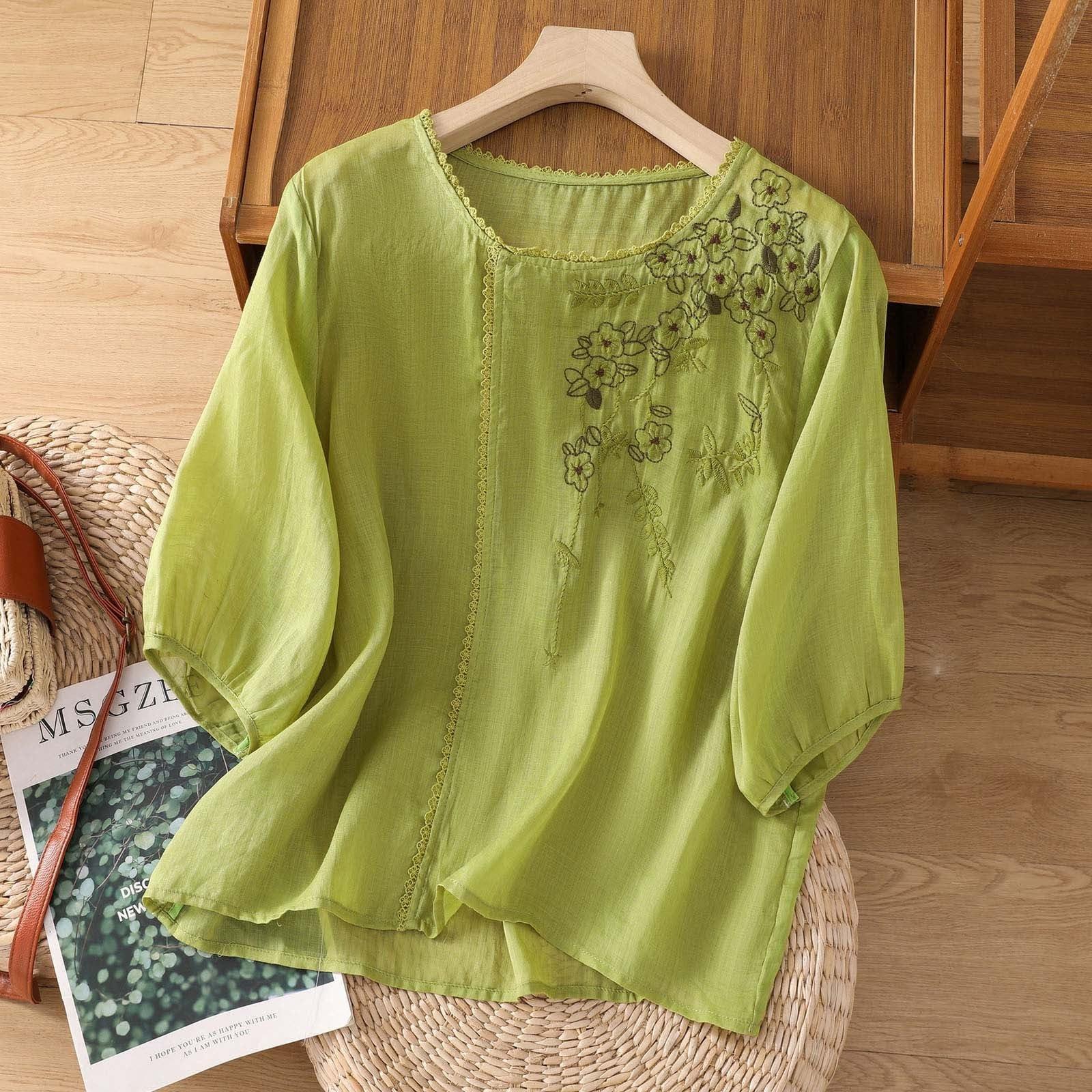 Women s Cotton And Linen Embroidered Loose Retro Round Neck Pullover Top L