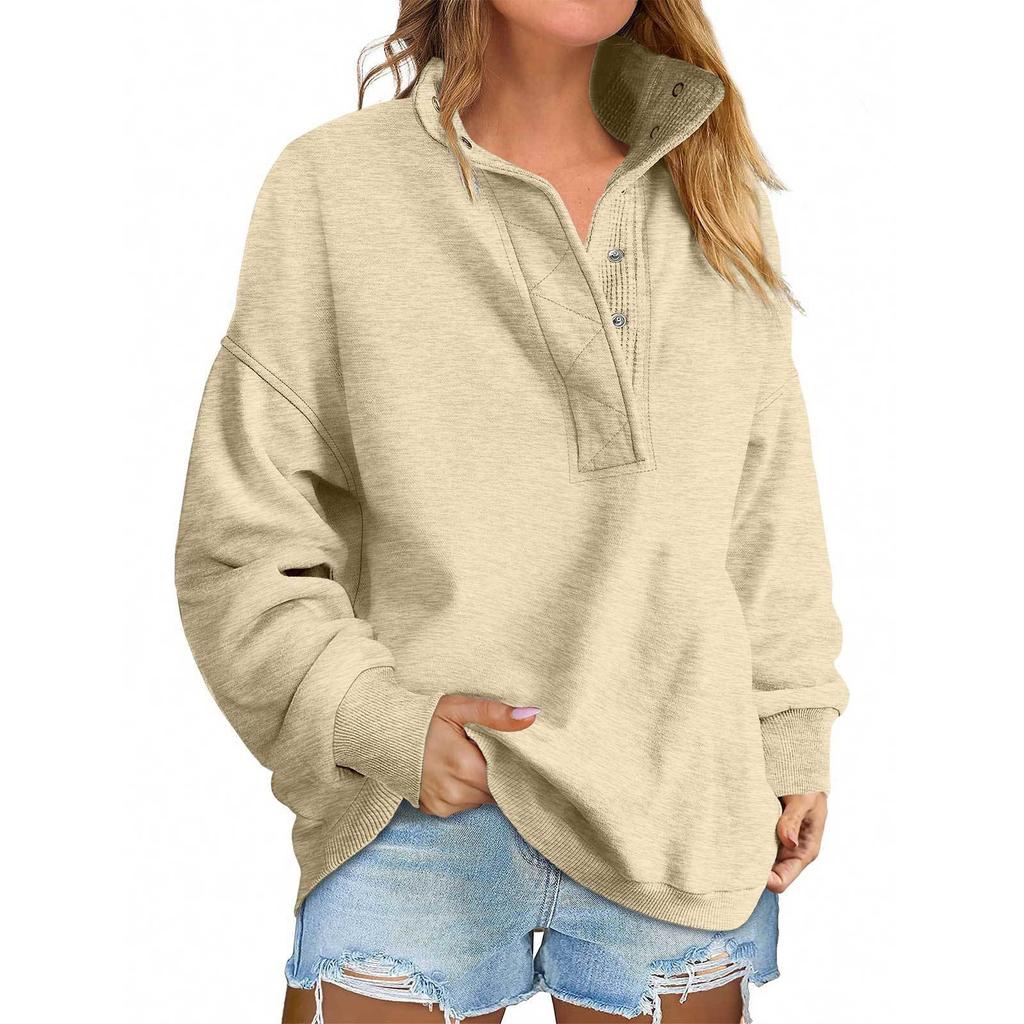 Women's Fashion Long Sleeve Solid Color Pullover Sweatshirt Casual Loose Button Sweatshirt