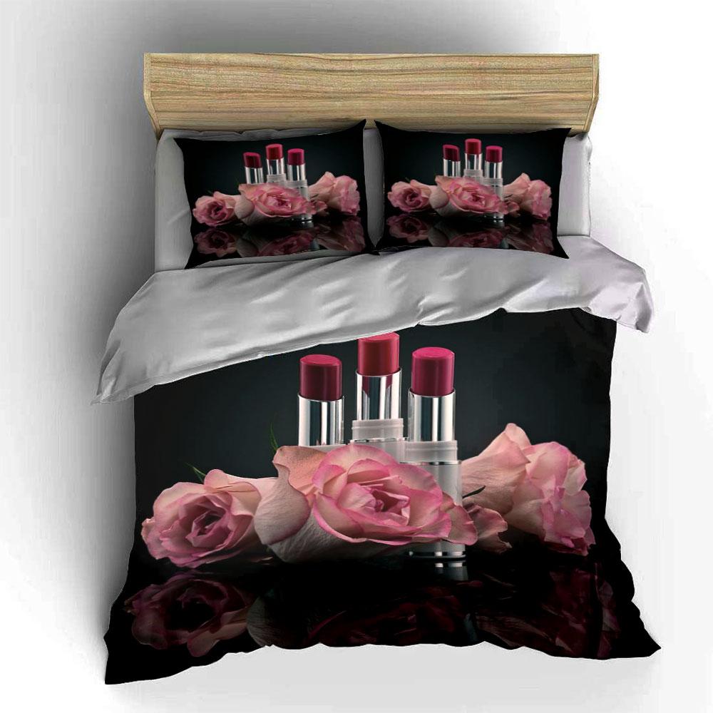 Pink roses with lipsticks. Bedding sets Duvet cover sets Duvet covers Pillowcases(1 * Duvet Cover 2 * Pillowcases without duvet insert)