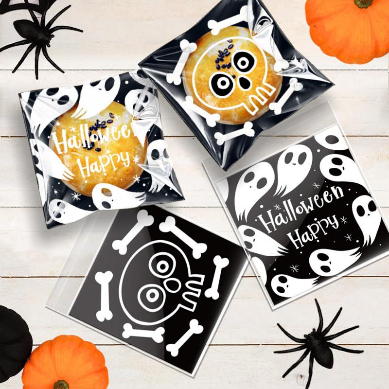 100Pcs 10x10cm Halloween Series Printed Pumpkin Ghost Candy Baking Cookie Self-Adhesive Party Gift Packaging Bags