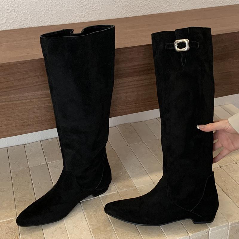 Fashion Eilyken 2025 New Winter Design Vintage Pointed Toe Knee High Boots Women Low Heels Splicing Buckle Strap Female Shoes