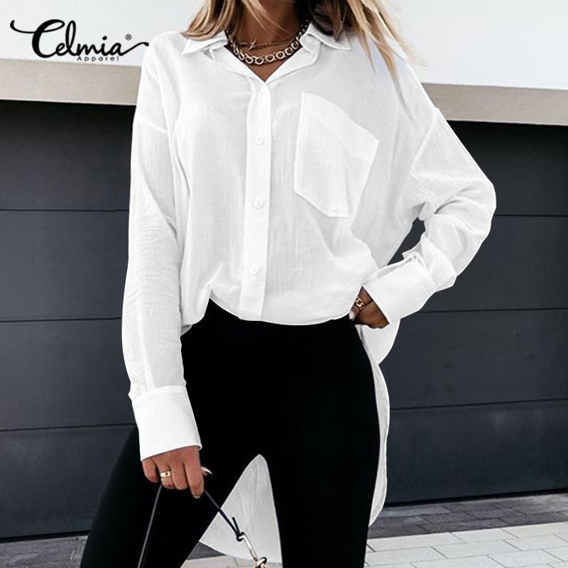 Buy Celmia Women's Fashion Cotton Linen Long Shirt Pocket Lapel