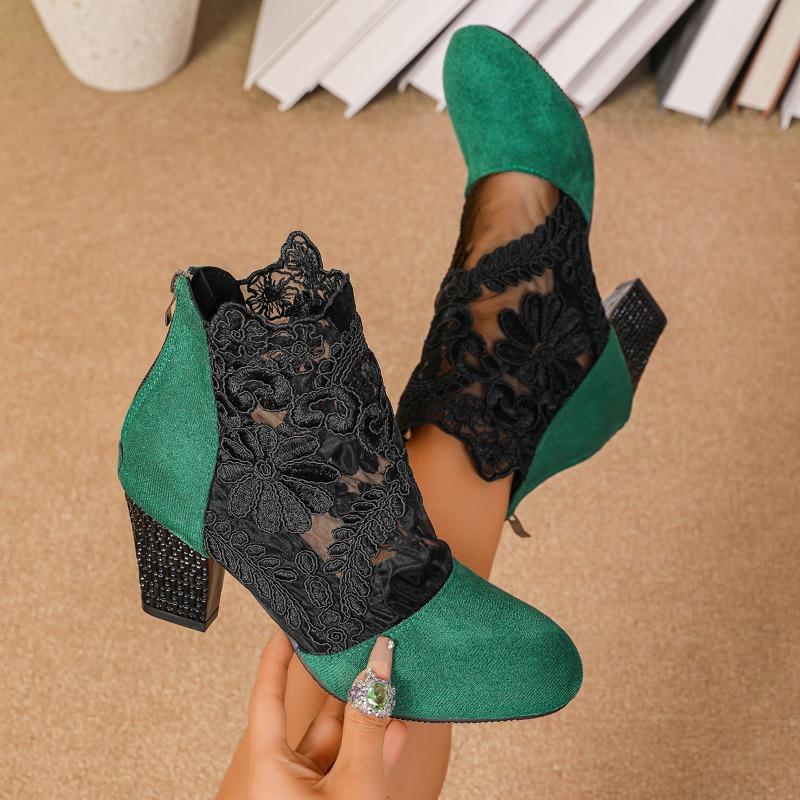 2025 Summer New Designer Shoes Women High Heels Lace Flower Ankle Strap Hollow Out Sandals Round Toe Zip Pumps Zapatos De Mujer