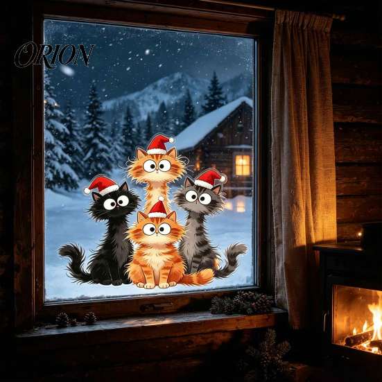 Santa Hat Cartoon Window Stickers Christmas Cling, Cats Sticker with Hat, Removable Creative Party Supplies PVC Static Glass Decal for Holiday Bedroom