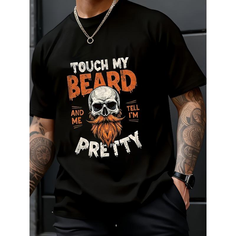 Beard Skull Pattern T-Shirt | Soft Men'S Crew Neck Short Sleeve, Orange and White Color Block Print, Casual Street Style, Comfortable Fit, Plus Size