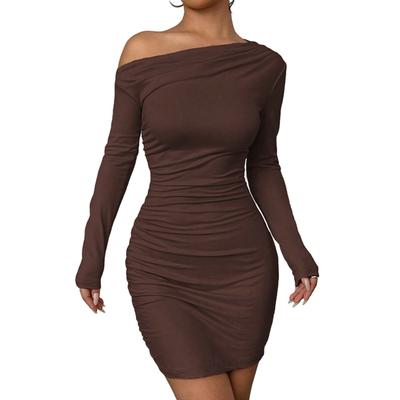 Vestido Feminino de Cor Sólida com Ombro a Ombro e Manga Longa