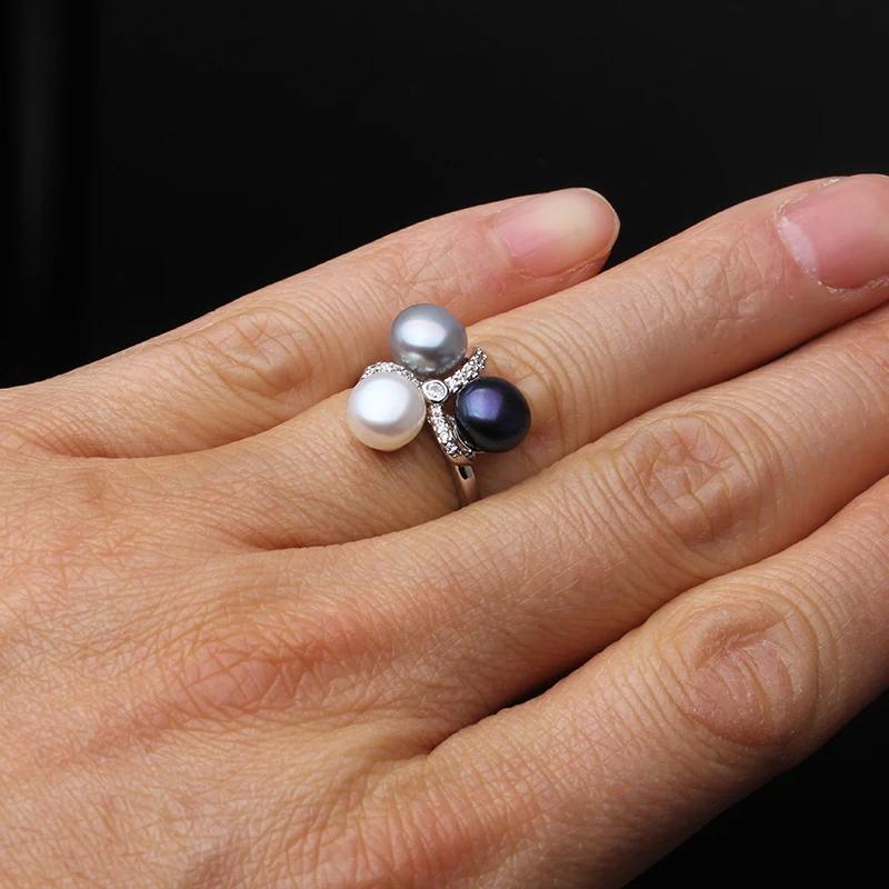 Real 925 Sterling Silver Pearl Ring Double Ladies Woman,White Natural Freshwater Adjustable Pearl Ring Wife Mother Birthday Gift