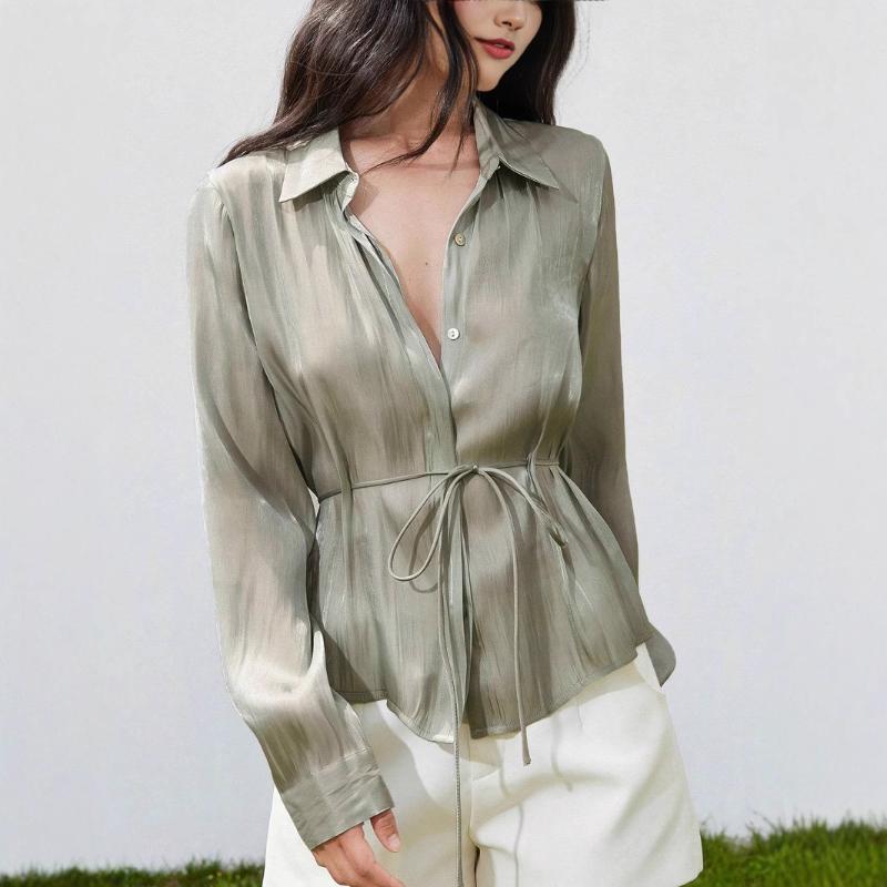 

Женский кардиган нового стиля с элегантным дизайном с поясом на талии, атласная рубашка-топ S зелёный