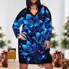 Women Plus Size V Neck Long Sleeve Blue Floral Printed Fitted Straight Dress