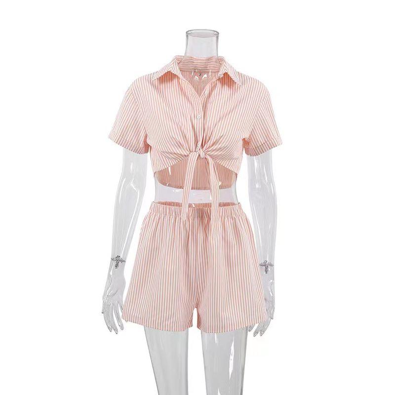 

Fashion Summer Fashion Stripes Bandage Shirt Shorts Suit Striped Shirt and Shorts Set Powder L