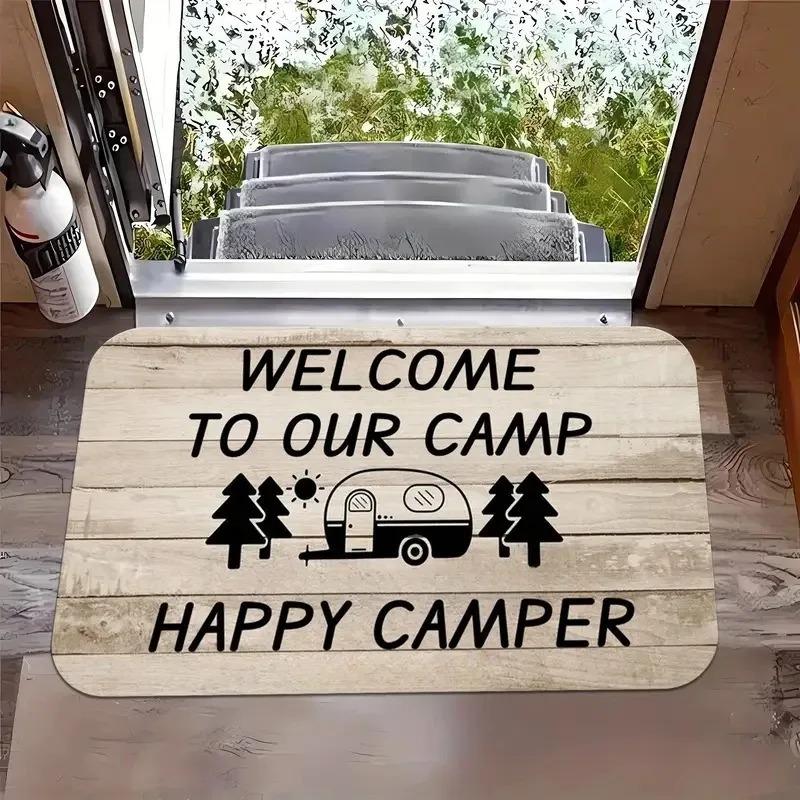 Outdoor Camping Van Welcome Mat with Cheerful Camping Van Non-slip Kitchen Bathroom Entracne Rugs Living Room Washable Carpet