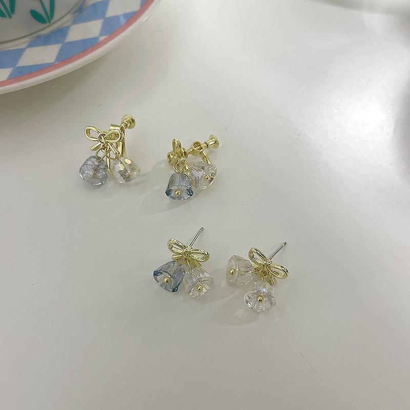 

925 Silver Bow & Bell Earrings - Elegant No-Piercing Ear Clips for Women, Unique Niche Design, Model 828.
